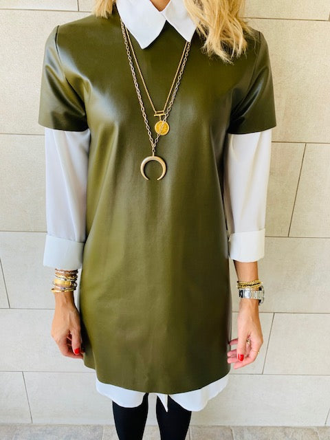 Olive Leather Smock Dress