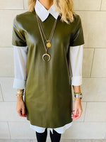 Olive Leather Smock Dress