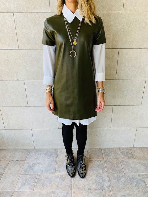 Olive Leather Smock Dress