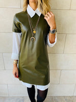 Olive Leather Smock Dress