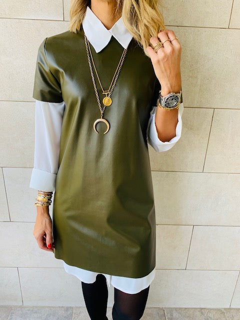 Olive Leather Smock Dress