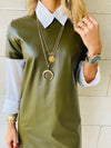 Olive Leather Smock Dress