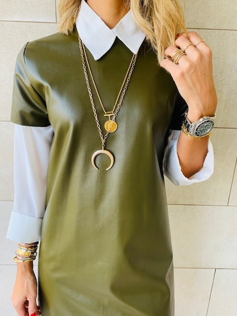 Olive Leather Smock Dress