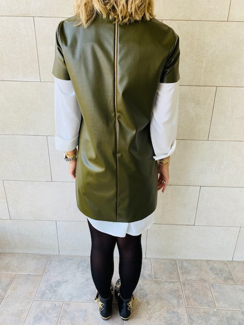 Olive Leather Smock Dress