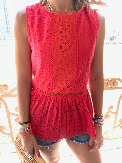 Red Eyelet Broiderie Top