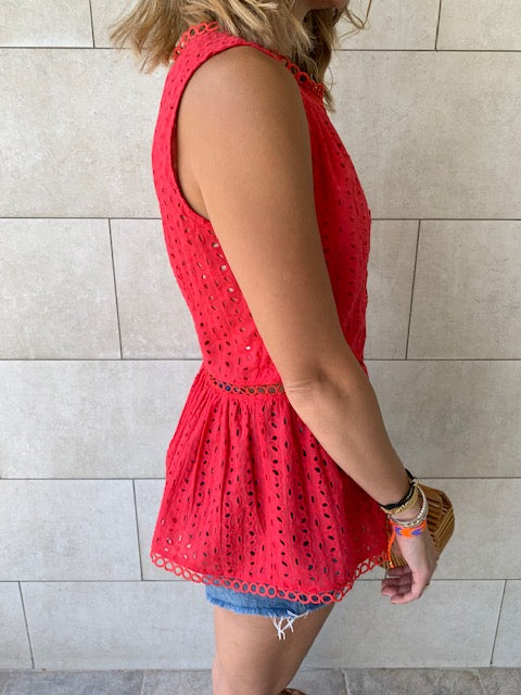 Red Eyelet Broiderie Top