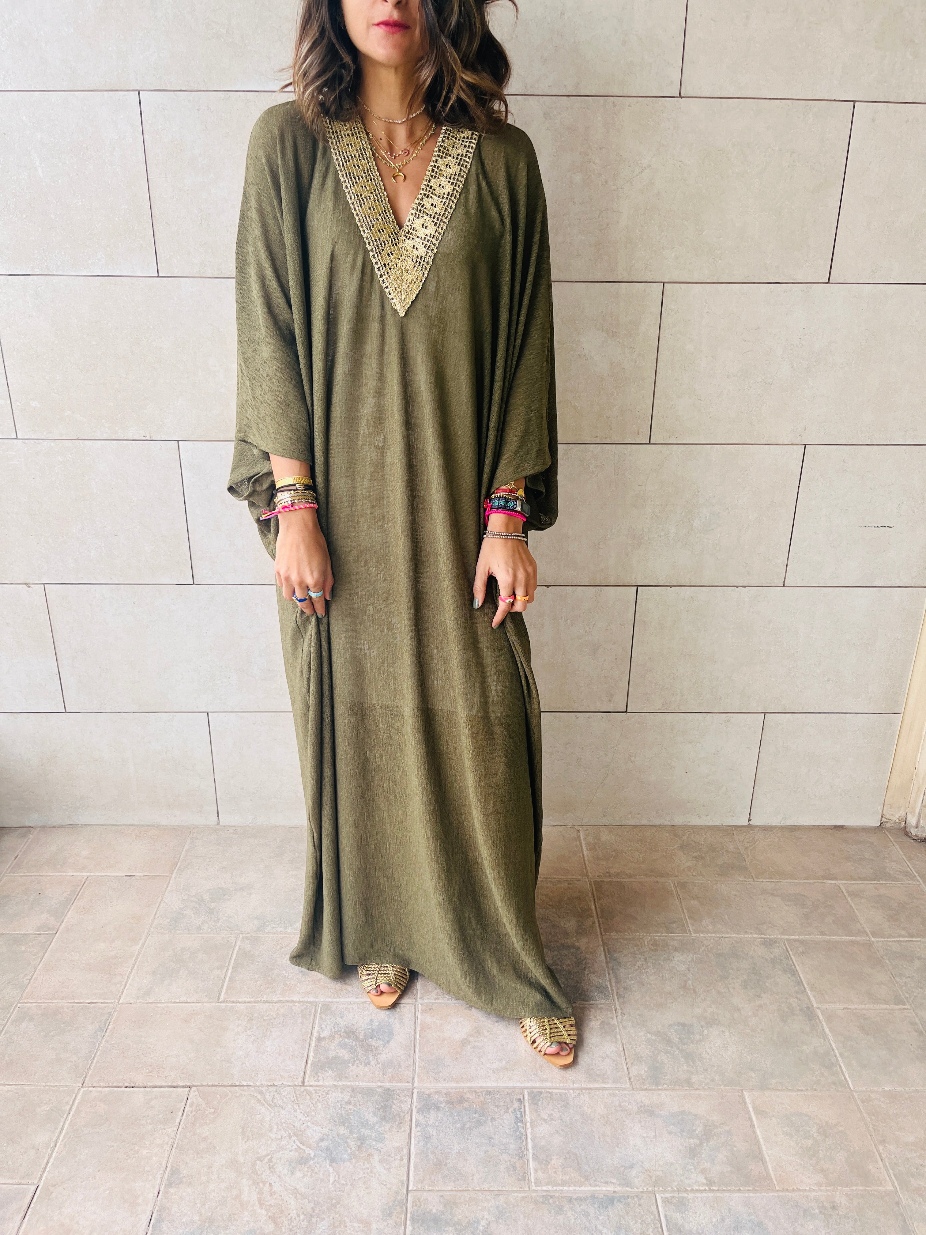 Olive Golden Nights Trimmed Kaftan