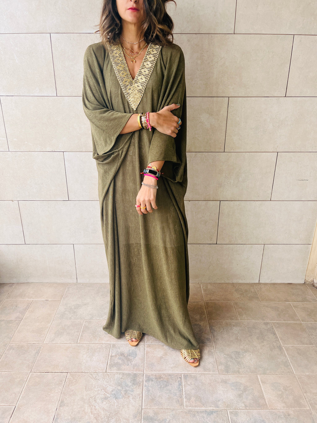 Olive Golden Nights Trimmed Kaftan
