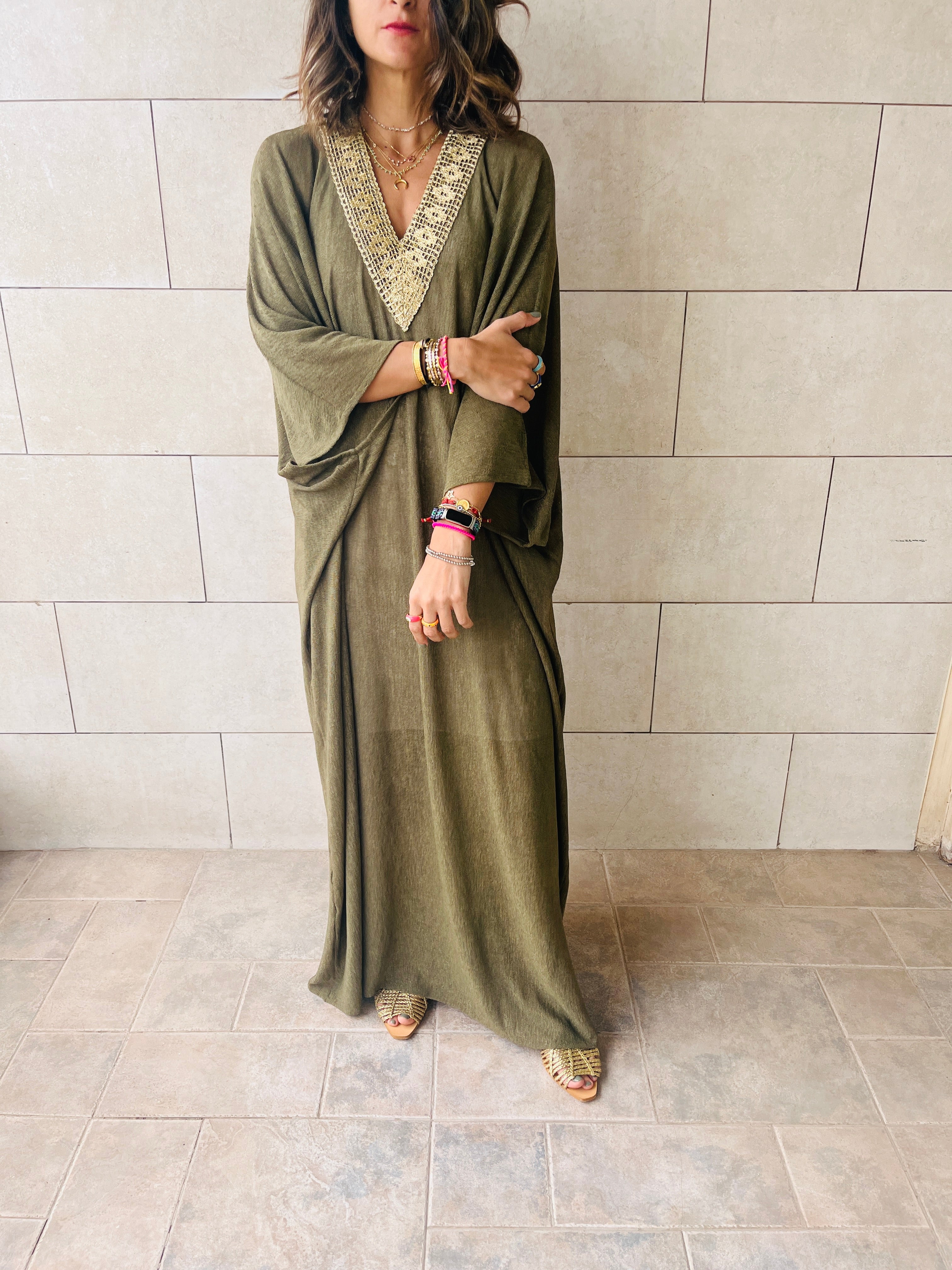 Olive Golden Nights Trimmed Kaftan