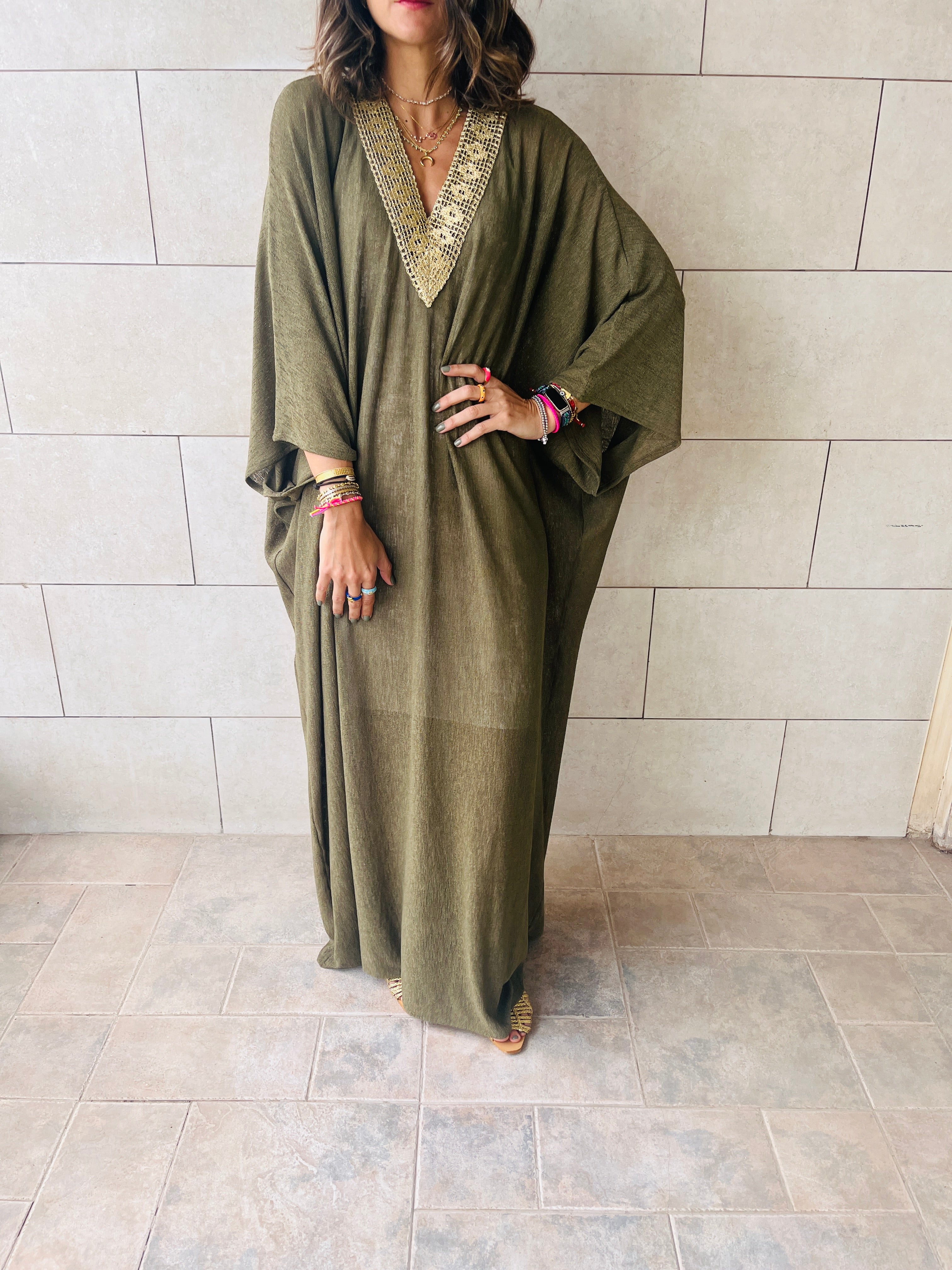 Olive Golden Nights Trimmed Kaftan