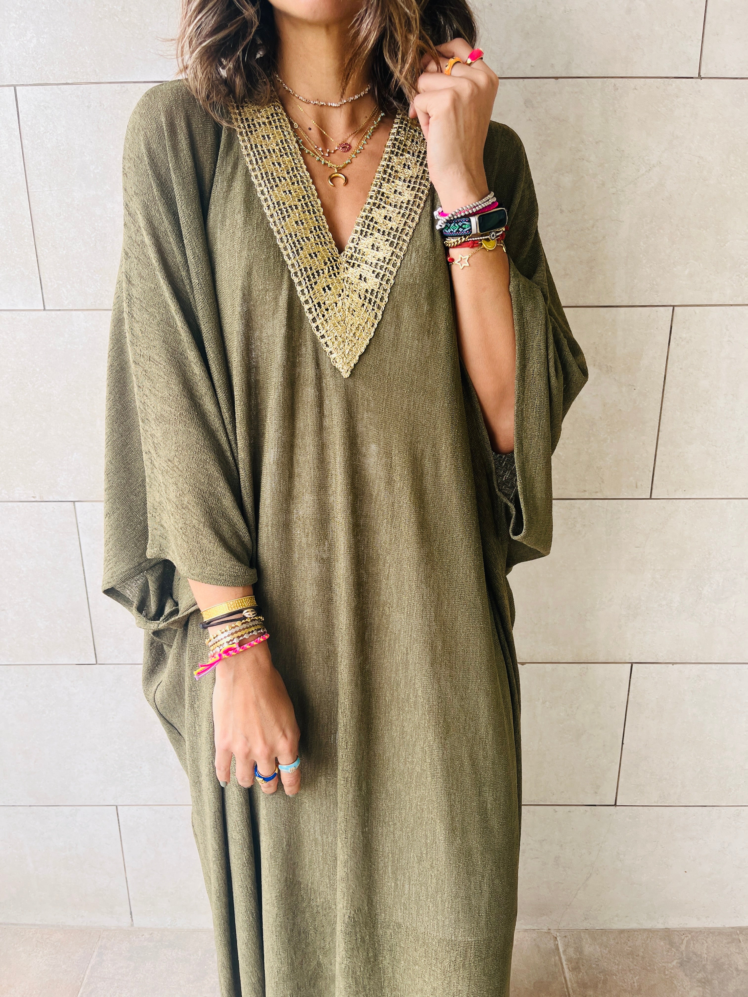Olive Golden Nights Trimmed Kaftan
