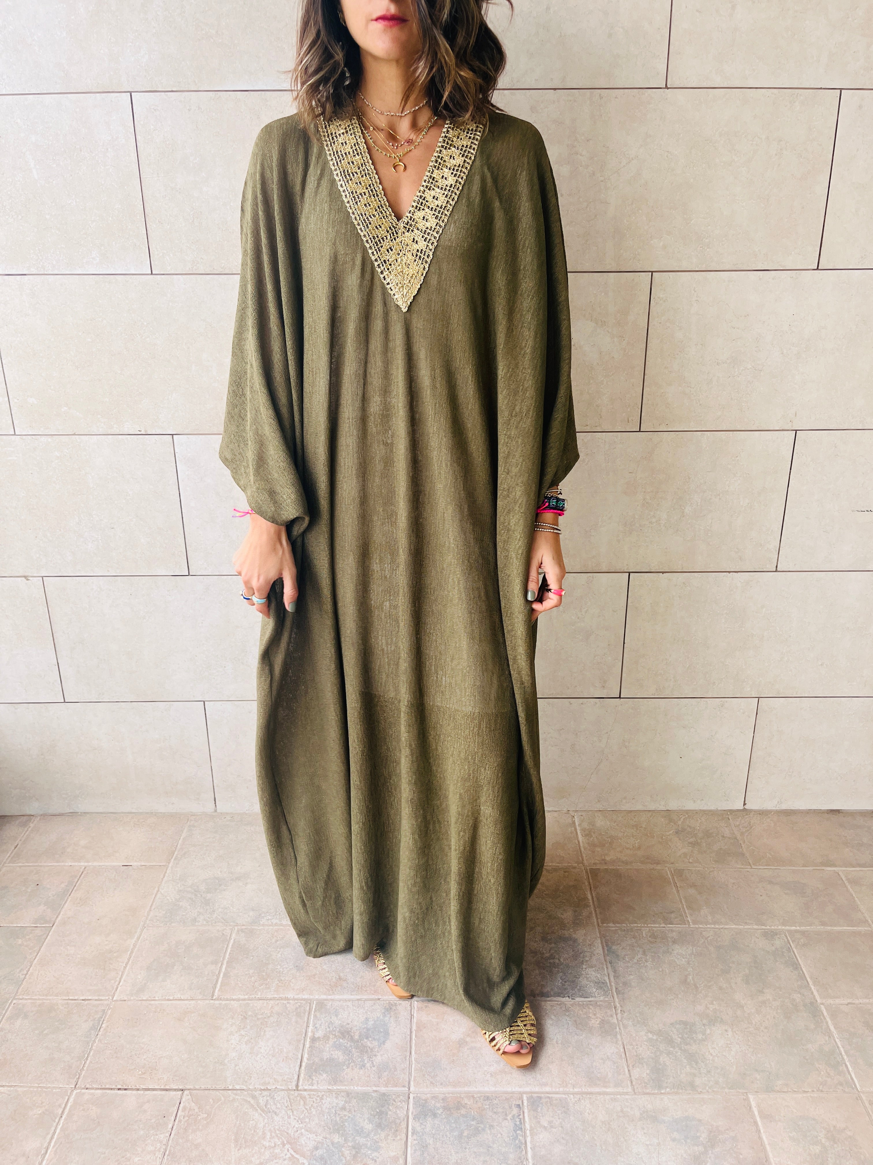 Olive Golden Nights Trimmed Kaftan