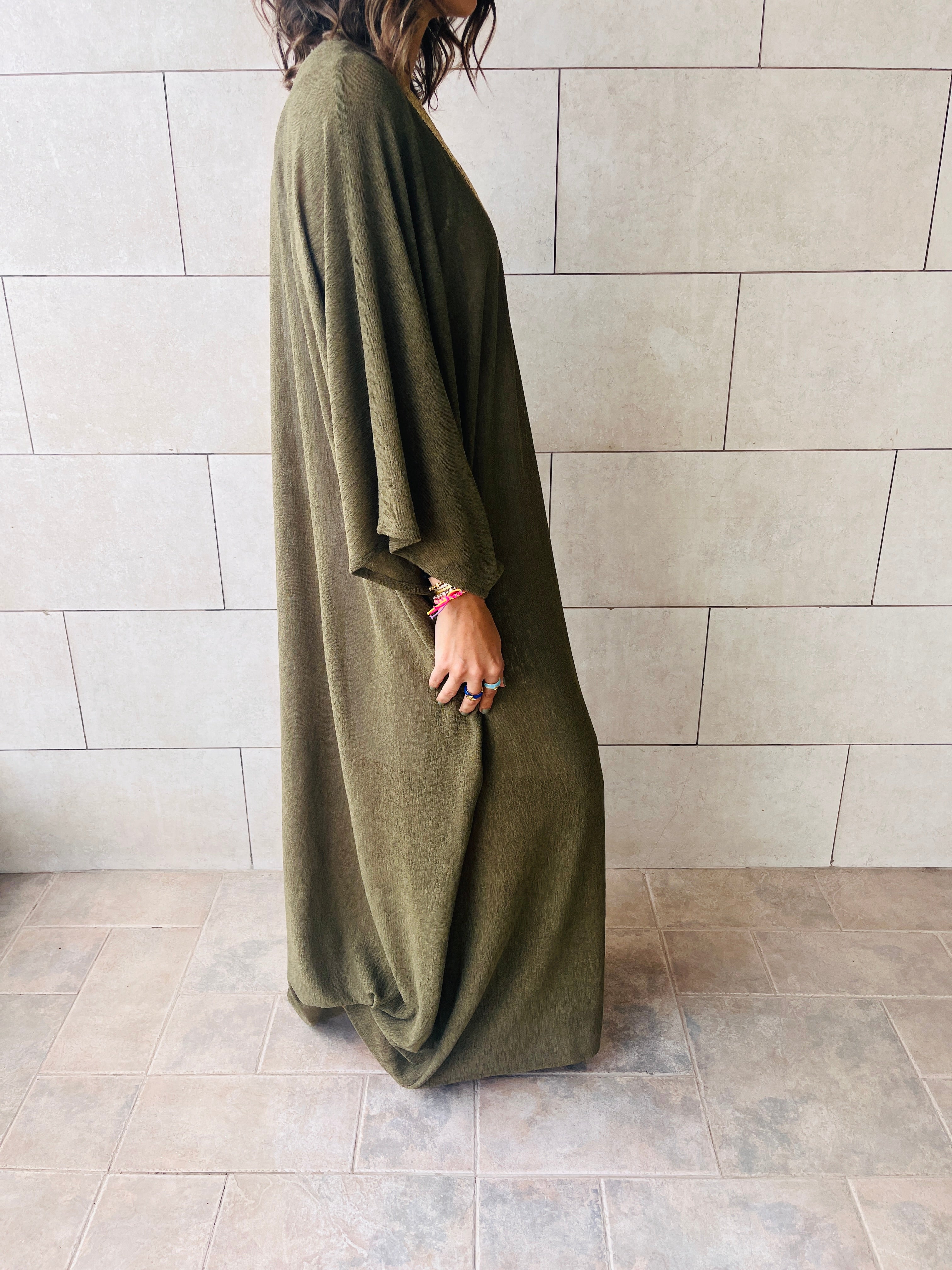 Olive Golden Nights Trimmed Kaftan