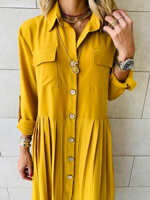 Mustard Aria Plisse Dress