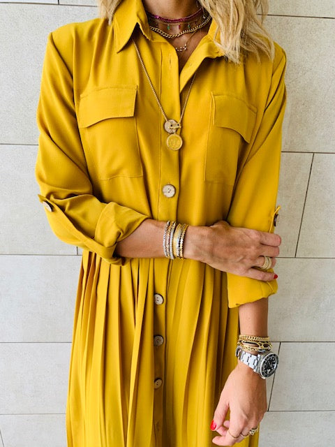 Mustard Aria Plisse Dress