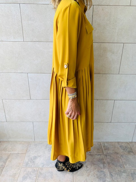 Mustard Aria Plisse Dress