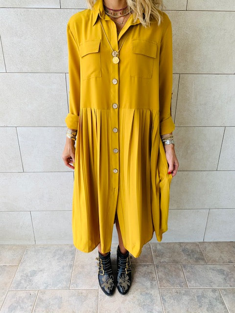 Mustard Aria Plisse Dress