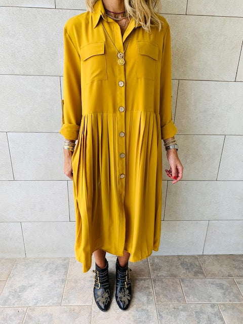 Mustard Aria Plisse Dress