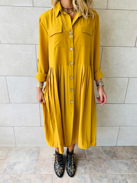 Mustard Aria Plisse Dress