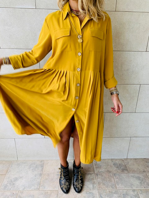 Mustard Aria Plisse Dress