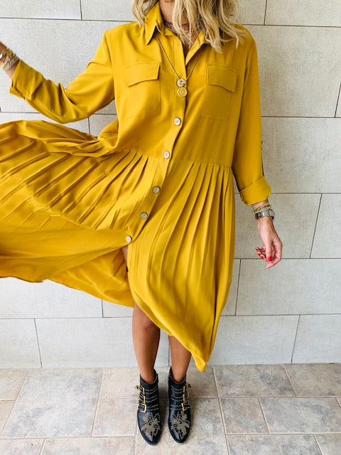 Mustard Aria Plisse Dress