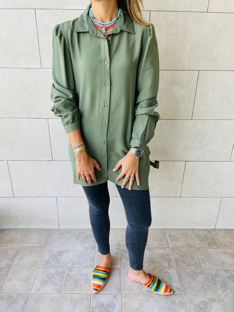 Olive Longline Belted Shirt