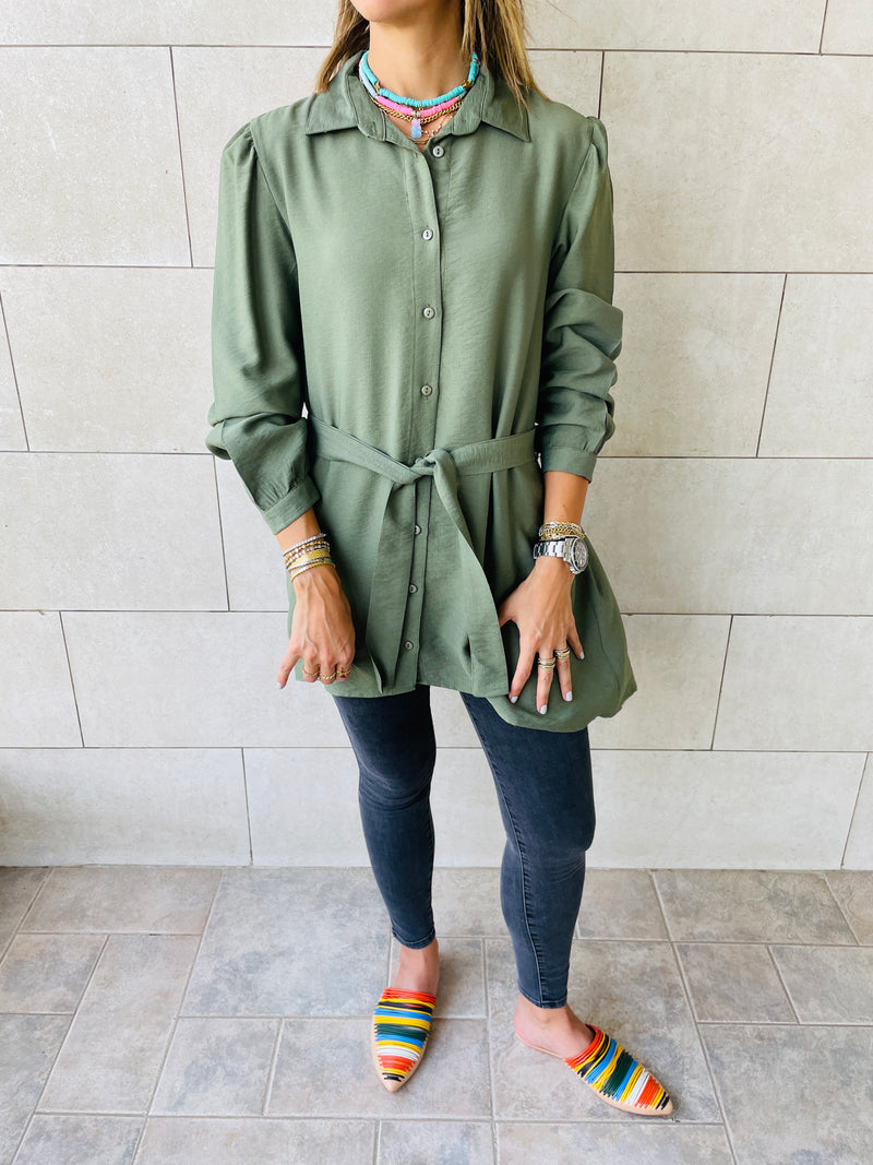 Olive Longline Belted Shirt