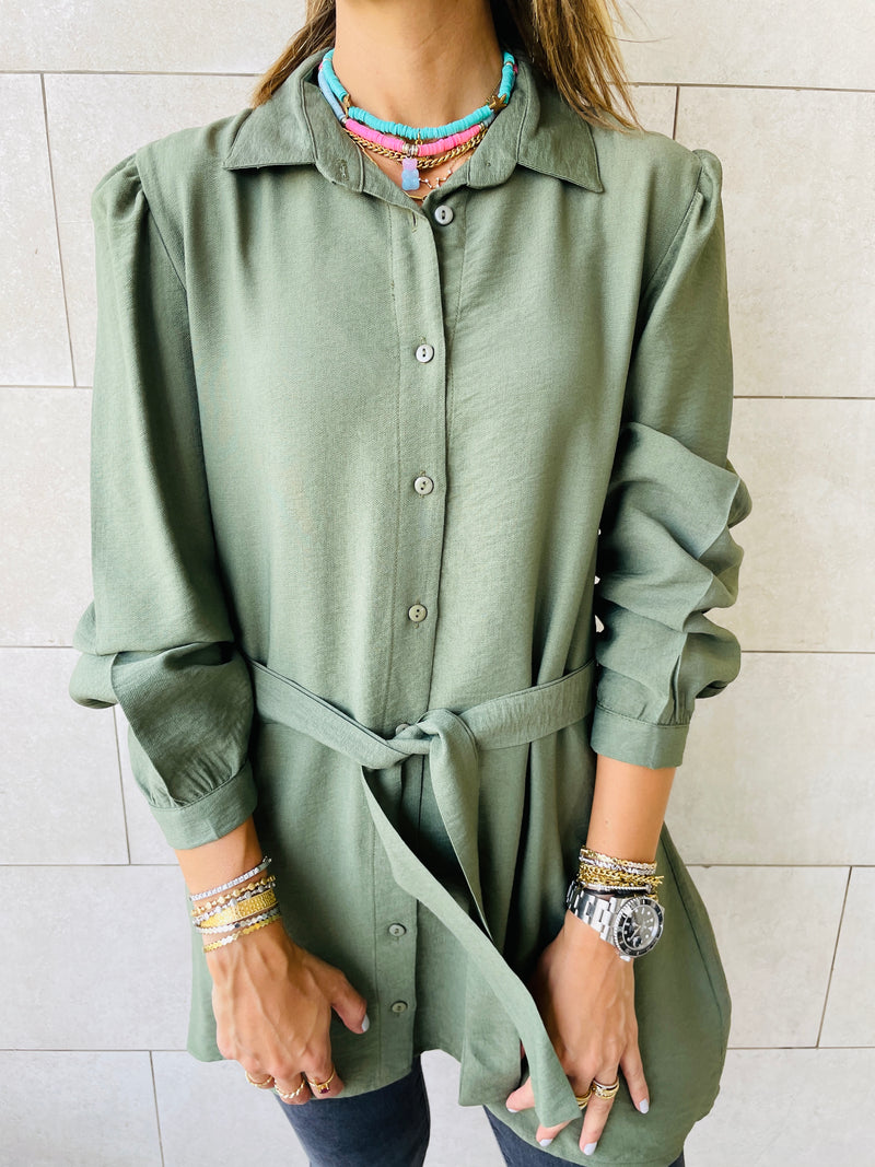 Olive Longline Belted Shirt