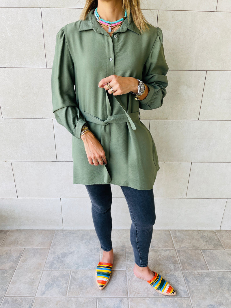 Olive Longline Belted Shirt