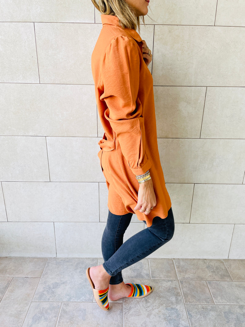 Rust Longline Belted Shirt