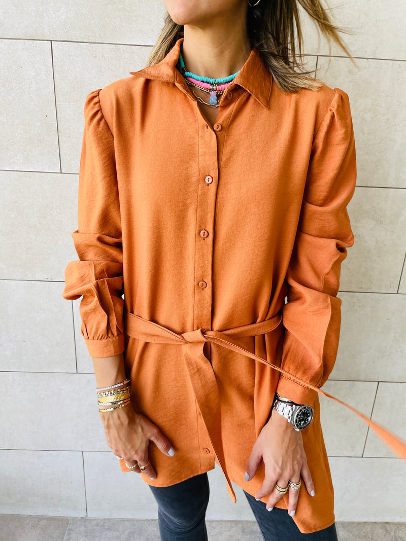 Rust Longline Belted Shirt