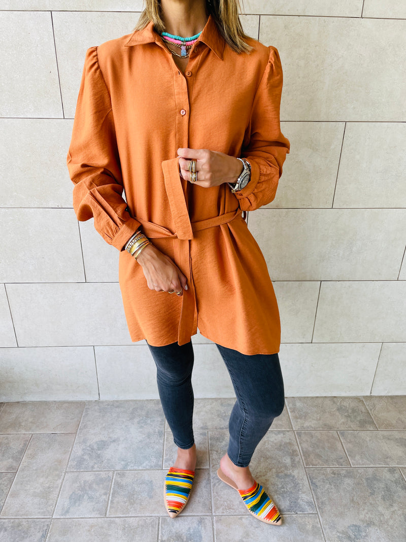 Rust Longline Belted Shirt