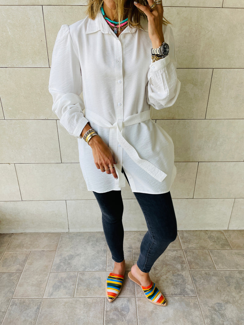 White Longline Belted Shirt