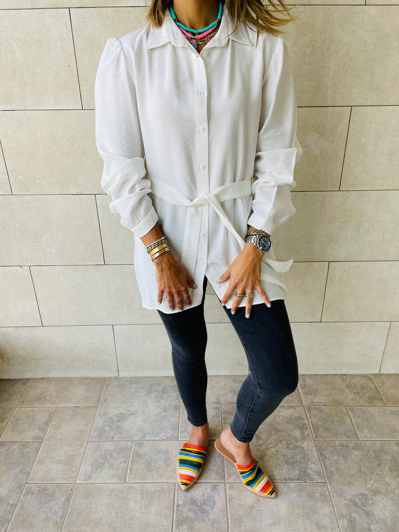 White Longline Belted Shirt