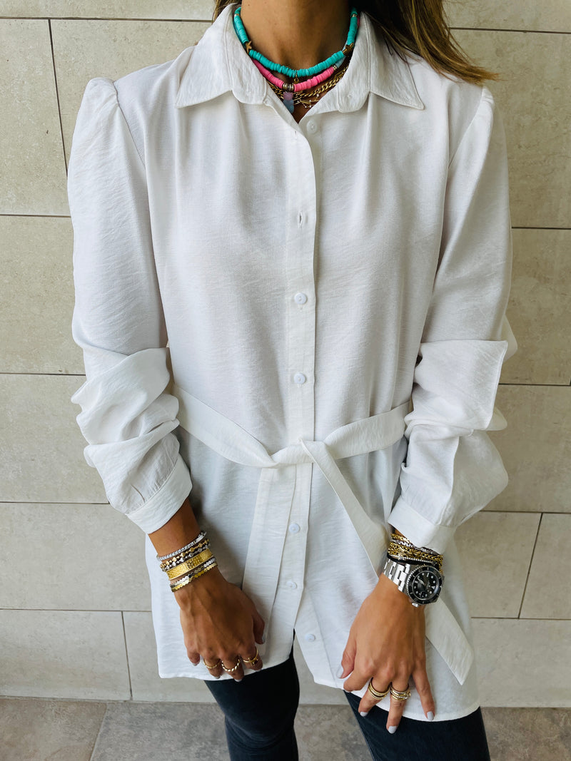 White Longline Belted Shirt