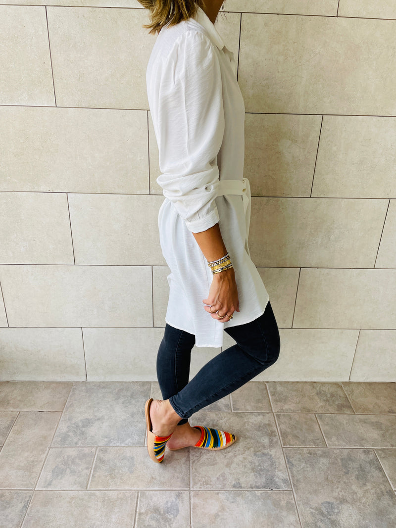 White Longline Belted Shirt