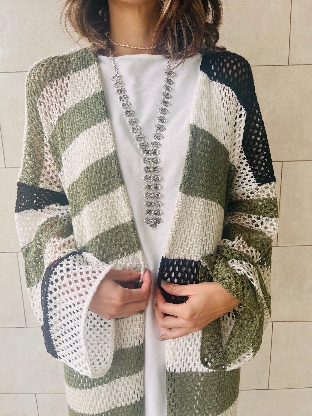 Olive Mismatched Striped Knit Kimono