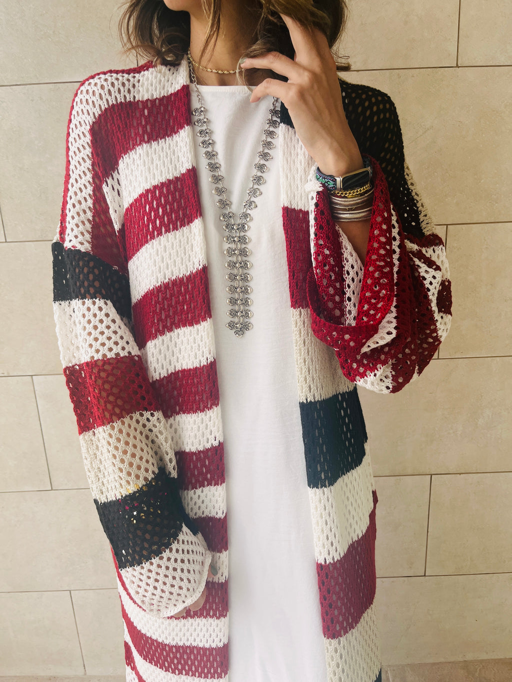 Burgundy Mismatched Striped Knit Kimono