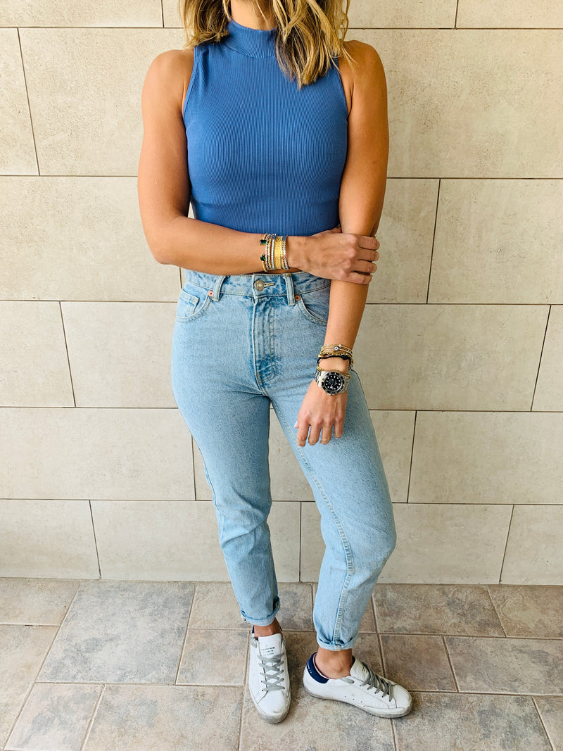White & Blue High Neck Crop Set
