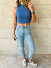 White & Blue High Neck Crop Set