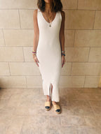 White Double Slit Ribbed Midi Dress