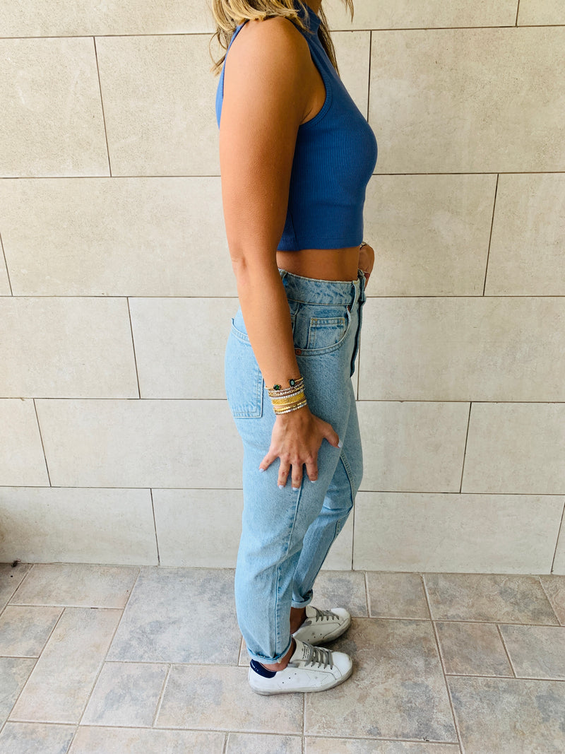 White & Blue High Neck Crop Set