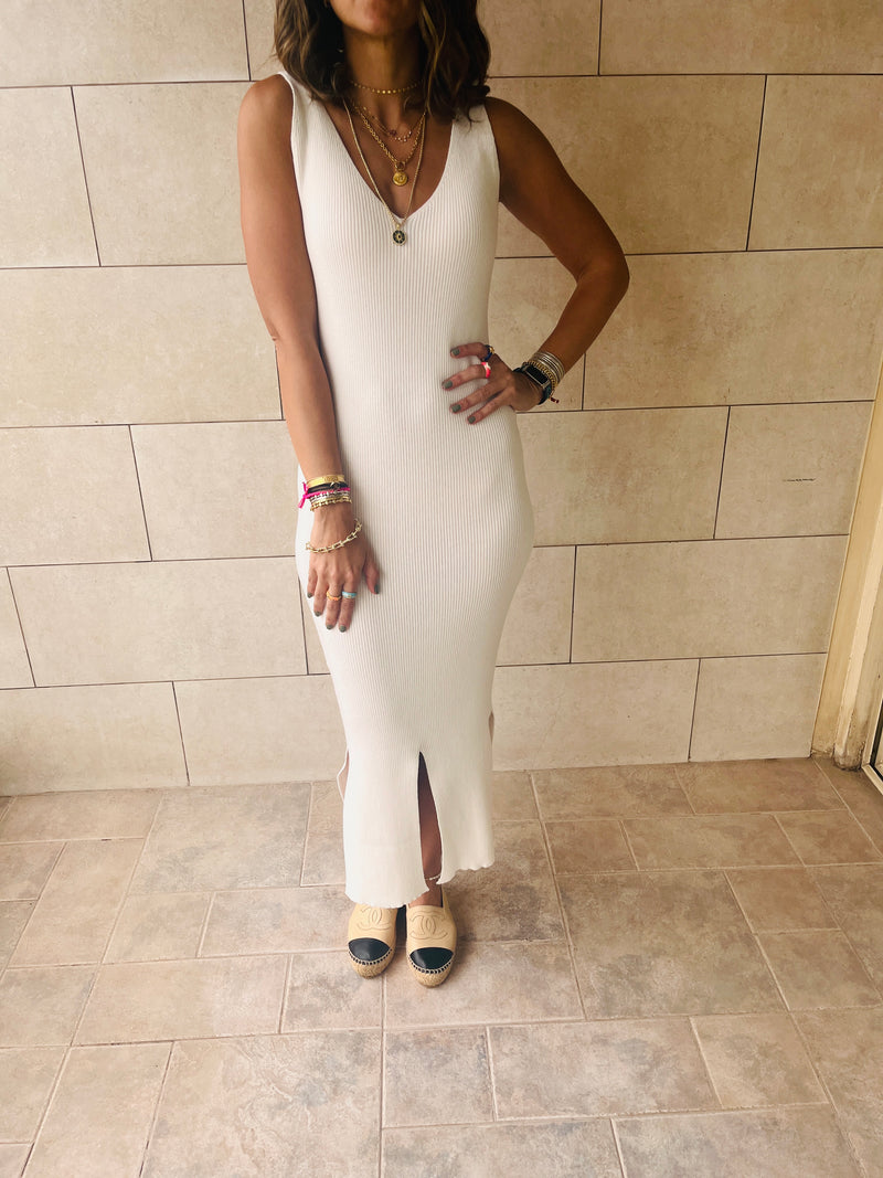 White Double Slit Ribbed Midi Dress