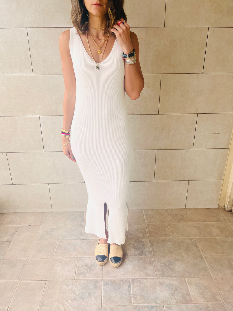 White Double Slit Ribbed Midi Dress