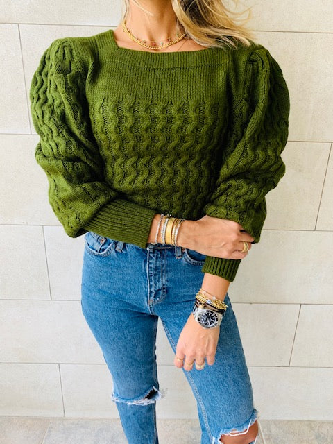 Olive Puffed Braid Pullover