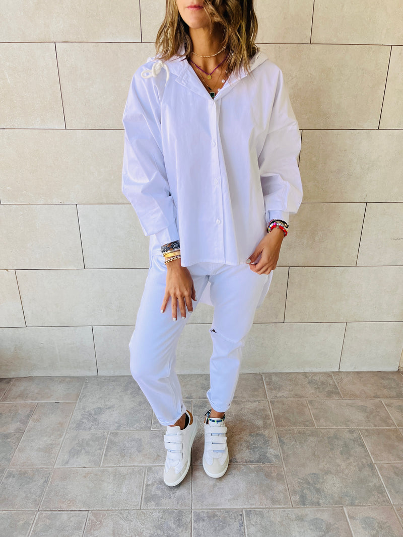 White High Low Hooded Shirt