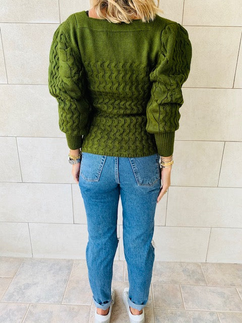 Olive Puffed Braid Pullover