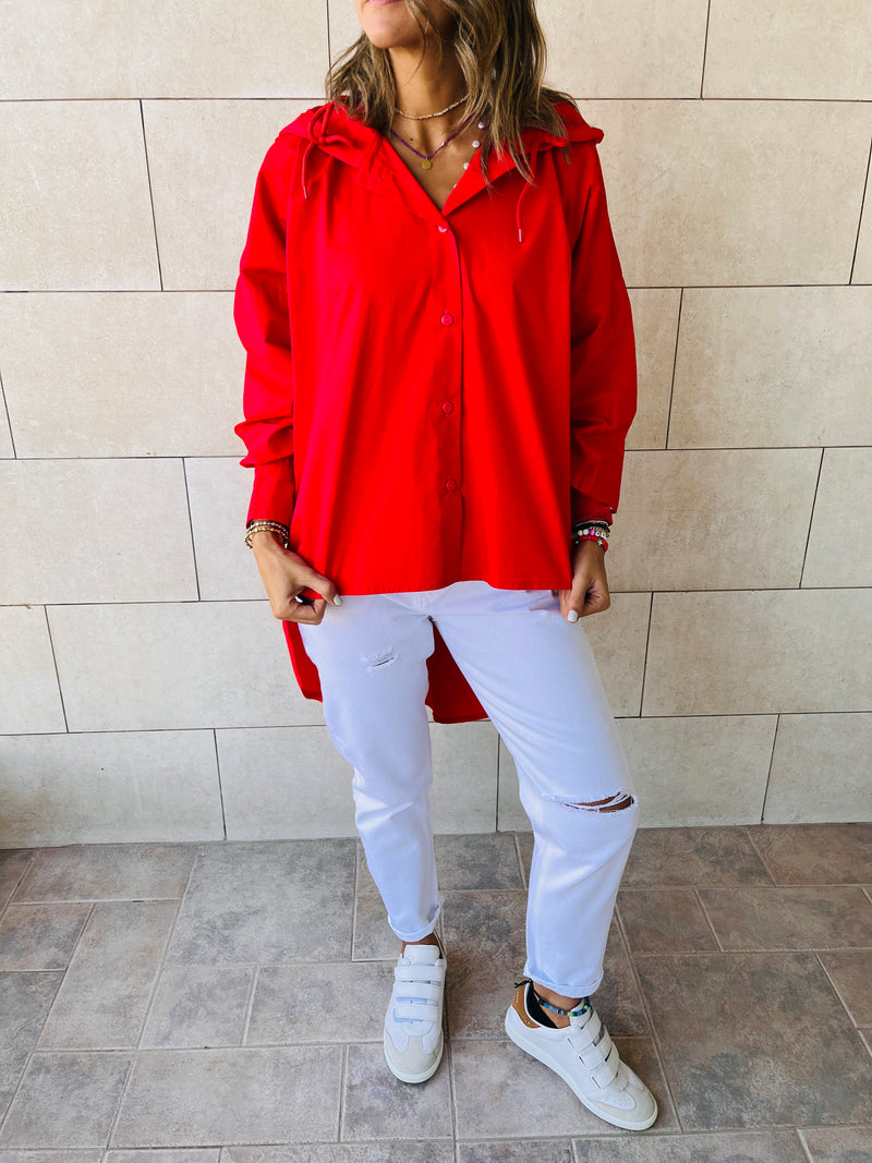 Red High Low Hooded Shirt