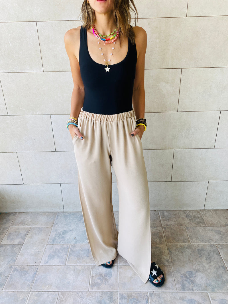 Beige Side Slit Beach Pants
