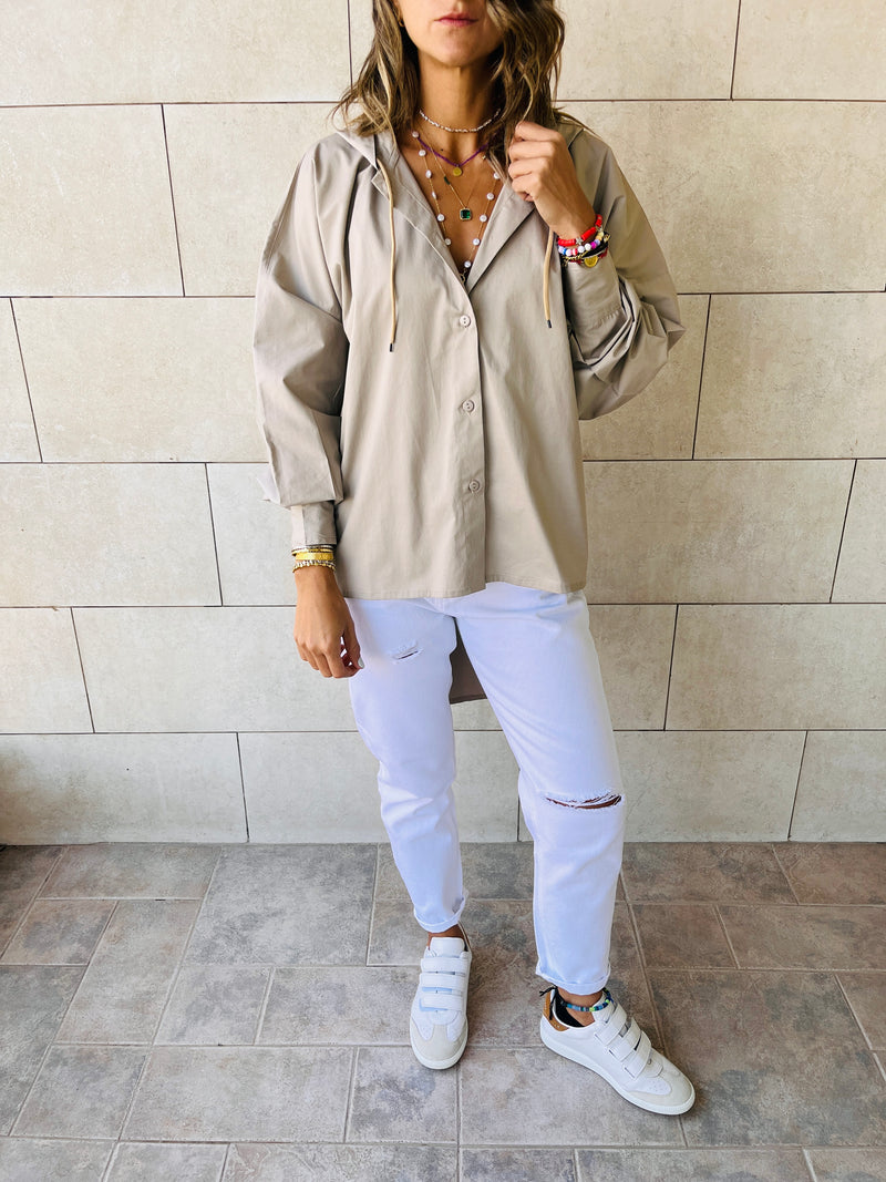 Beige High Low Hooded Shirt
